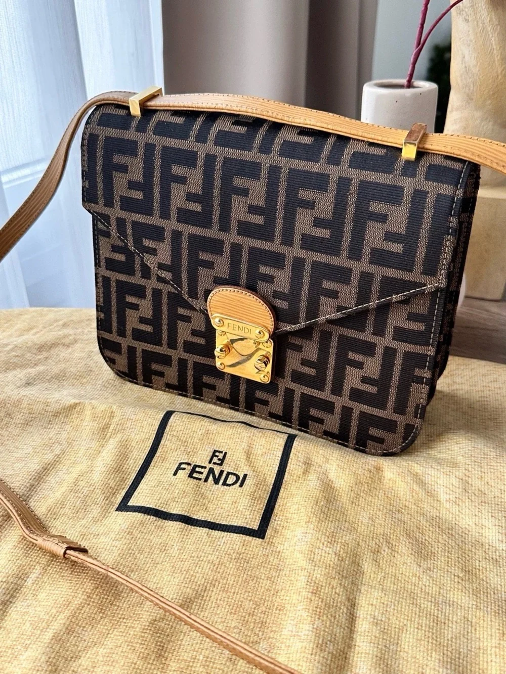 Fendi Brown FF Monogram Shoulder Bag with Tan Leather Strap